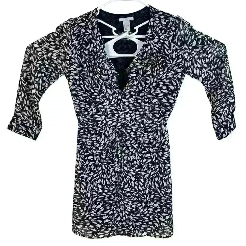 H&M Brush Stroke Print Tie Waist Sheath‎ Dress Size 2 Business Casual Ruffle